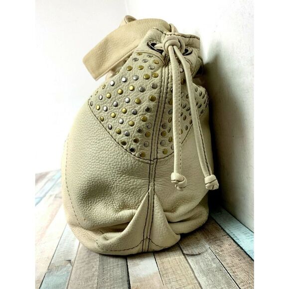 LRG FOSSIL FIFTY FOUR 54 STUD IVORY GENUINE LEATHER HOBO BOHO TOTE SHOULDER BAG - Picture 5 of 10